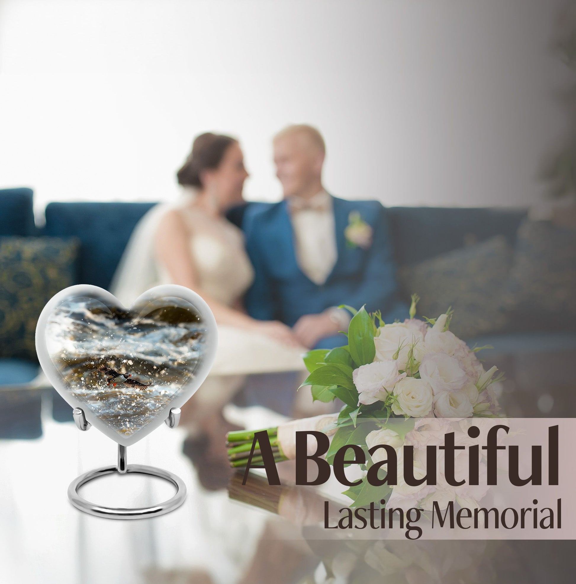 Puffin Bird-themed large heart urn for cremation ashes