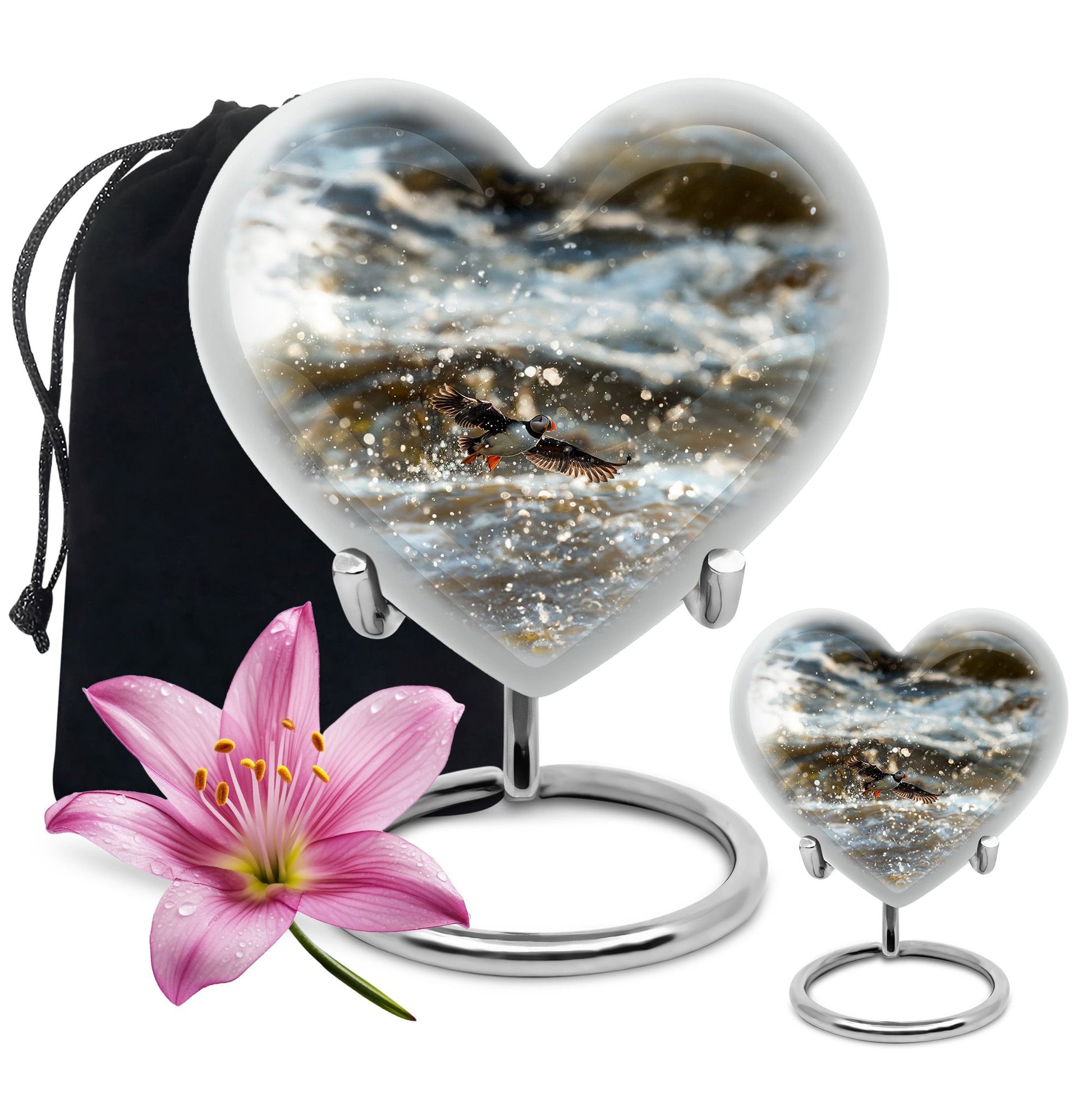 Puffin Bird-themed large heart urn for cremation ashes