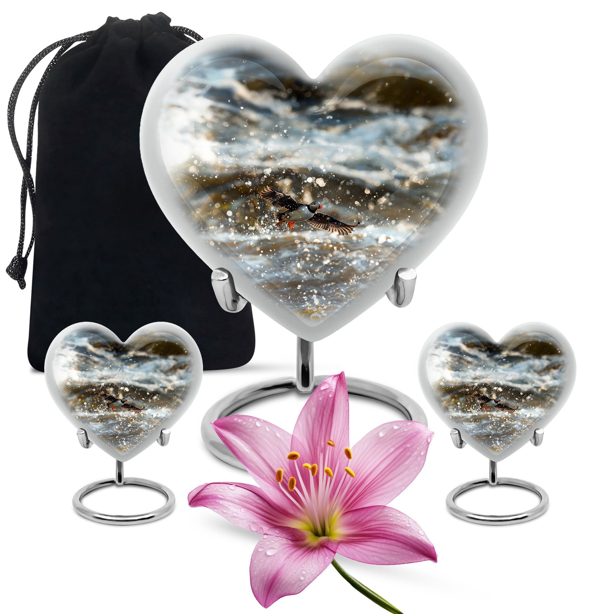 Puffin Bird-themed large heart urn for cremation ashes