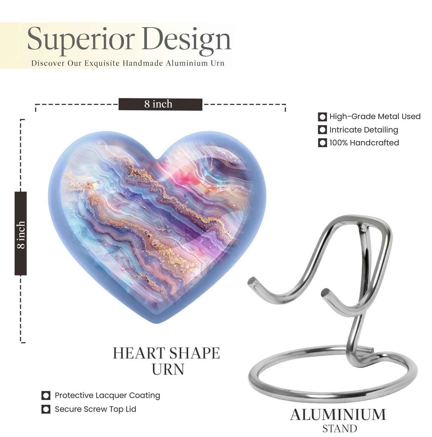 Abstract 10-inch heart-shaped memorial urn for male adults