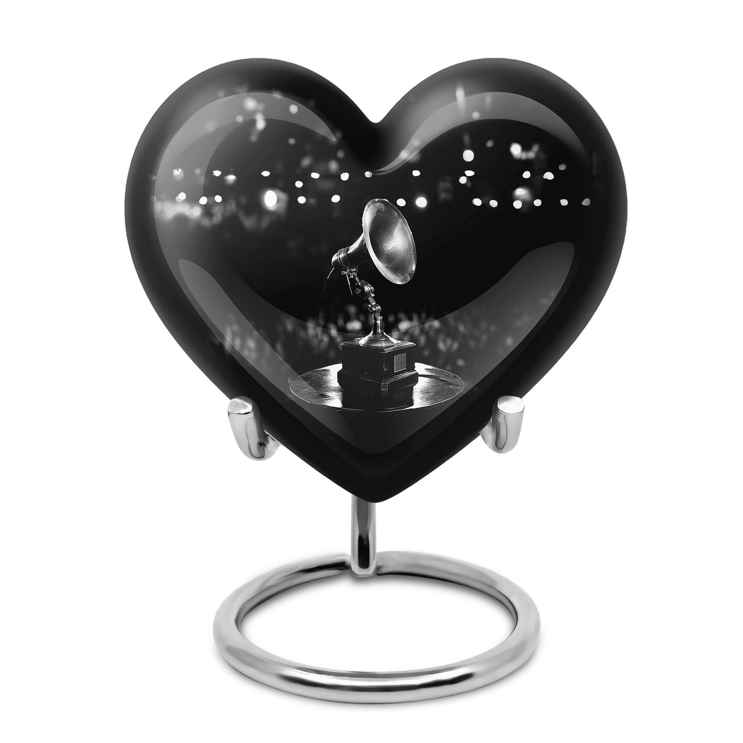 Heart-shaped 10-inch Gramophone Memorial Urn in Aluminium, includes velvet pouch