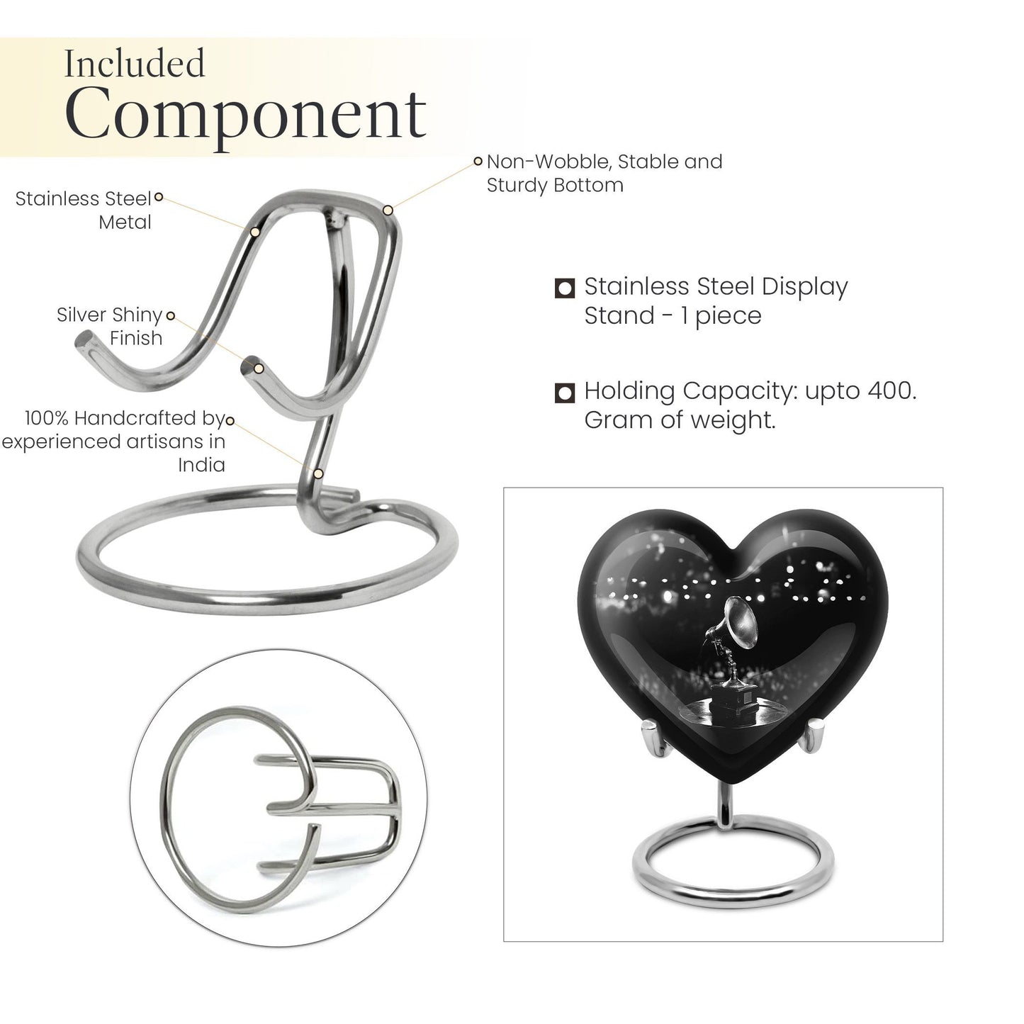 Heart-shaped 10-inch Gramophone Memorial Urn in Aluminium, includes velvet pouch