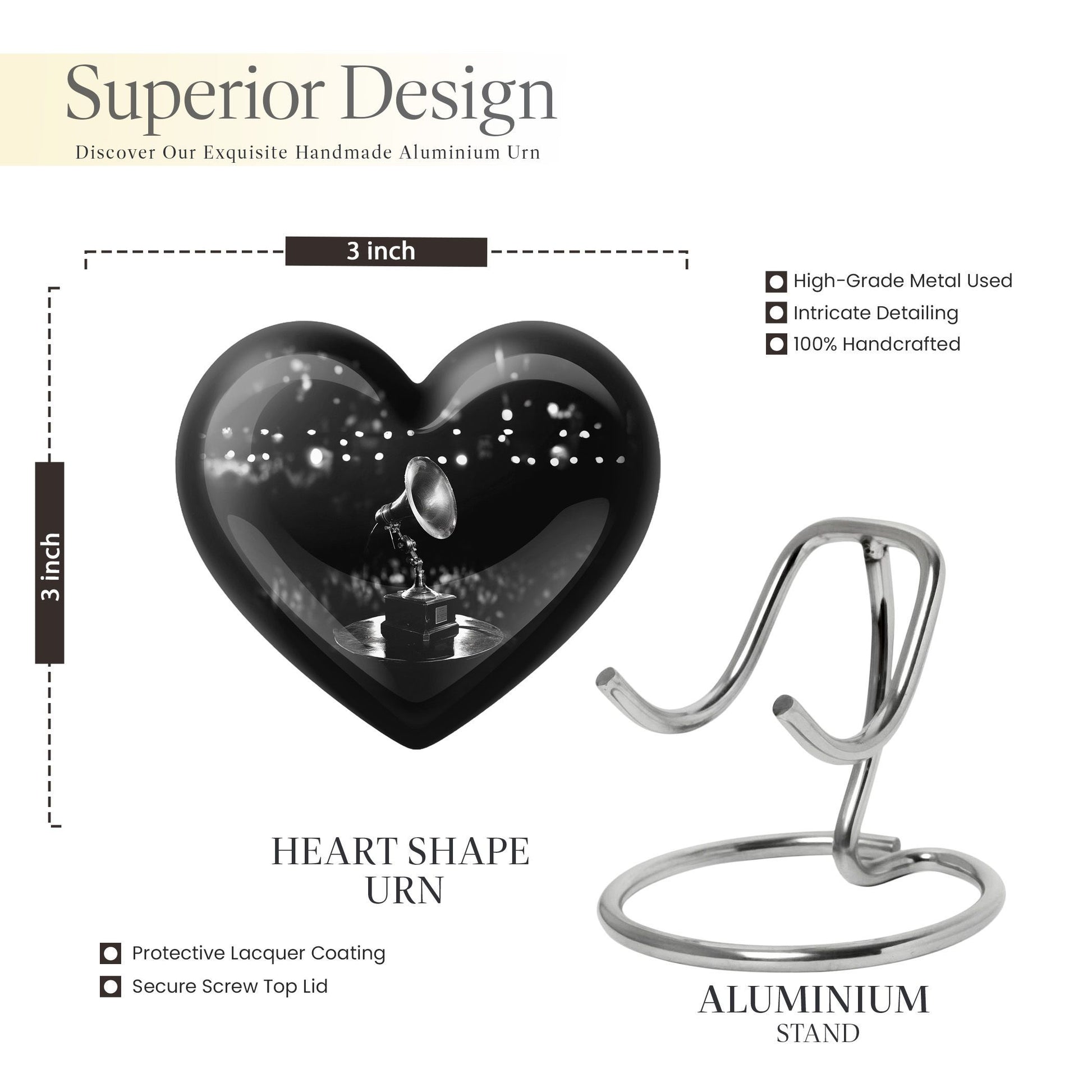 Heart-shaped 10-inch Gramophone Memorial Urn in Aluminium, includes velvet pouch