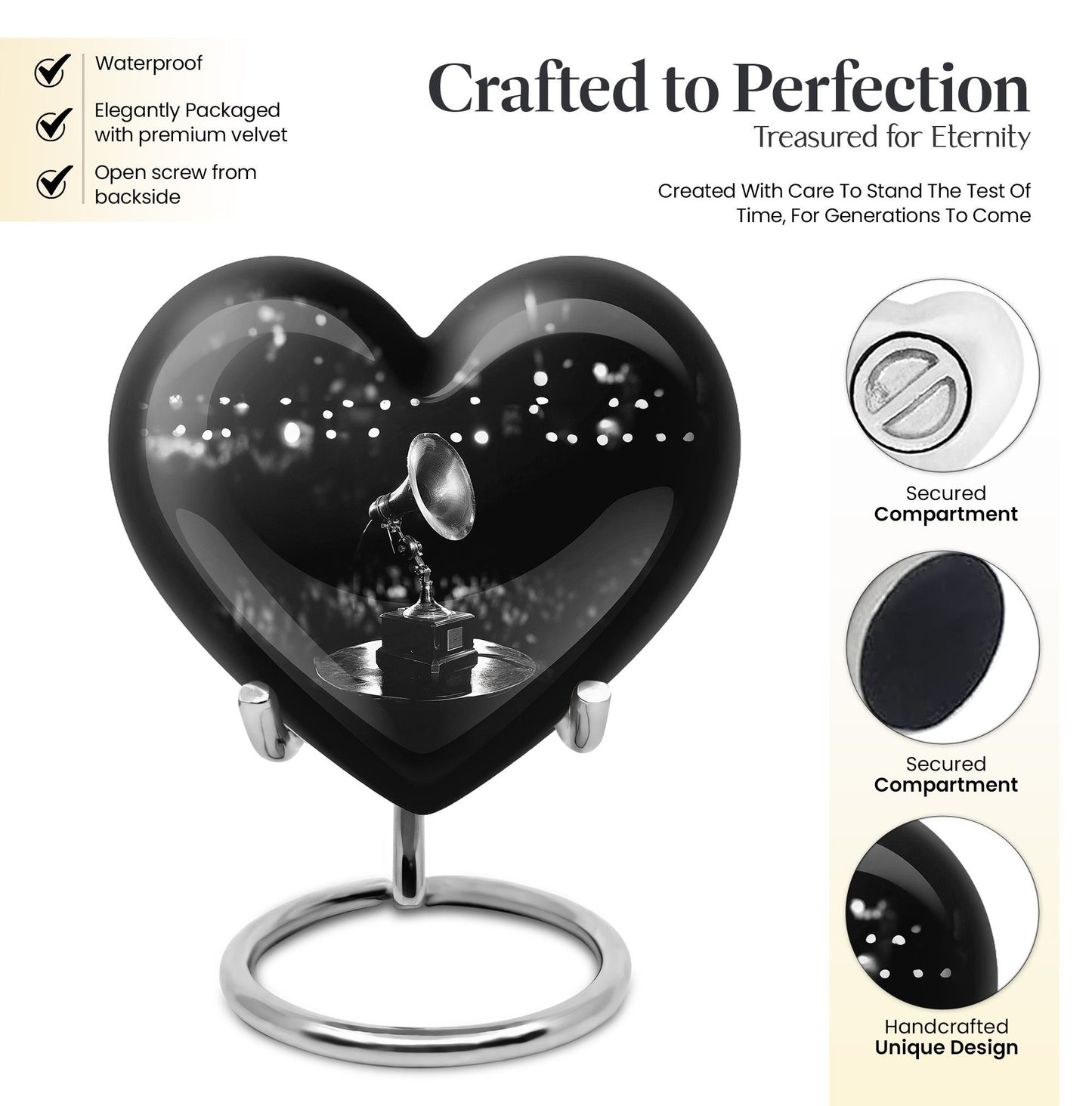 Heart-shaped 10-inch Gramophone Memorial Urn in Aluminium, includes velvet pouch