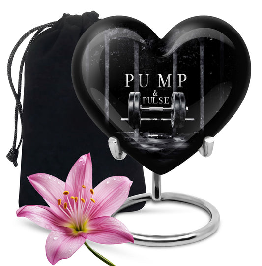 10-inch heart-shaped Dumbles Urn in aluminum for adult cremation, includes velvet pouch