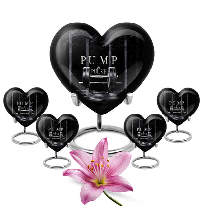 10-inch heart-shaped Dumbles Urn in aluminum for adult cremation, includes velvet pouch