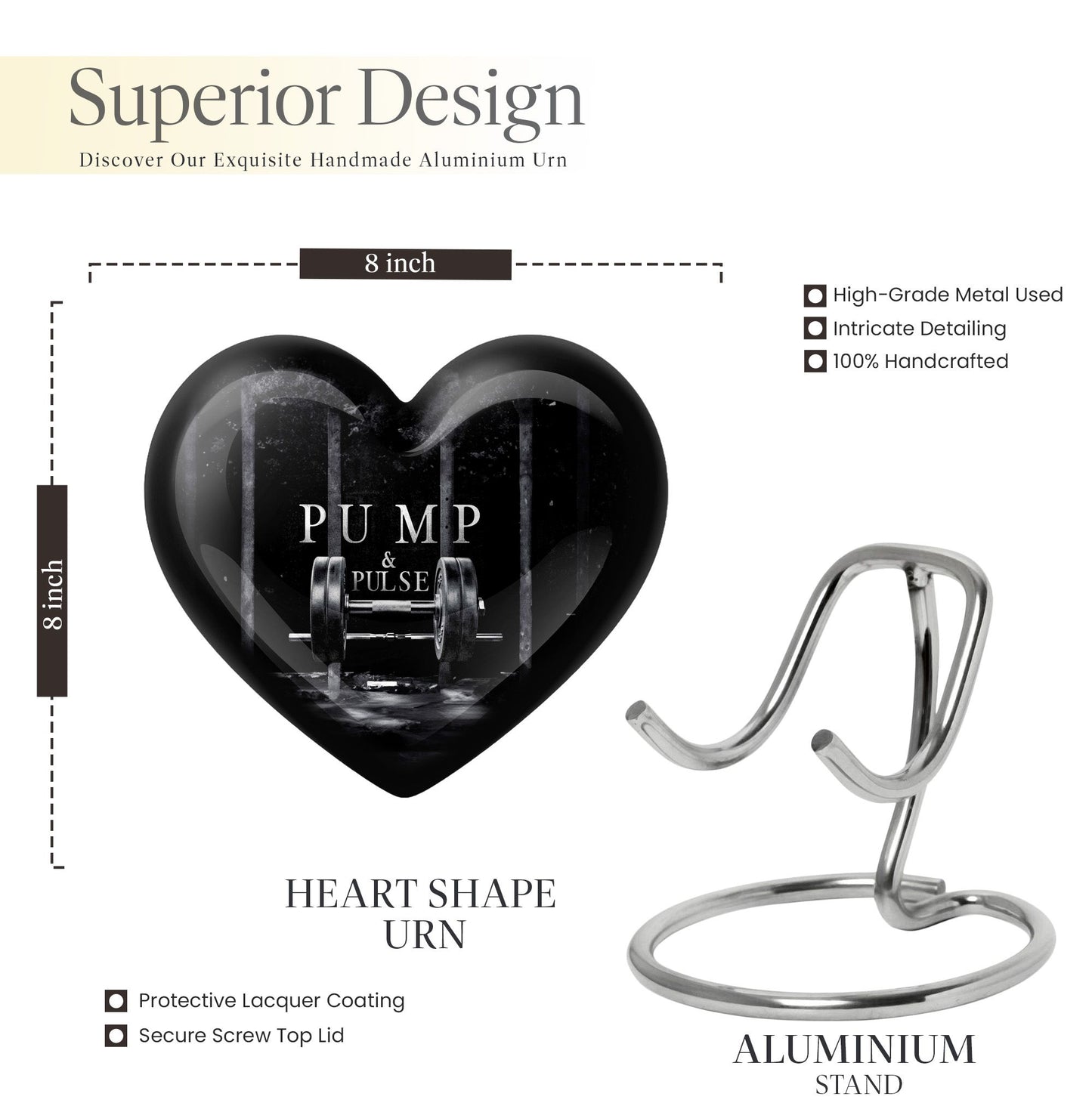 10-inch heart-shaped Dumbles Urn in aluminum for adult cremation, includes velvet pouch