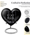 10-inch heart-shaped Dumbles Urn in aluminum for adult cremation, includes velvet pouch