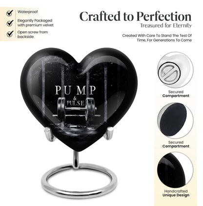 10-inch heart-shaped Dumbles Urn in aluminum for adult cremation, includes velvet pouch