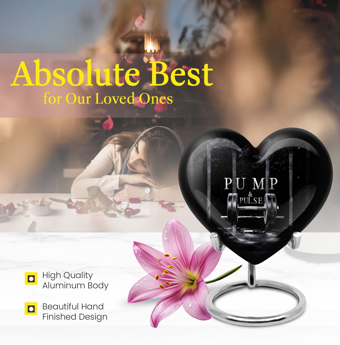 10-inch heart-shaped Dumbles Urn in aluminum for adult cremation, includes velvet pouch