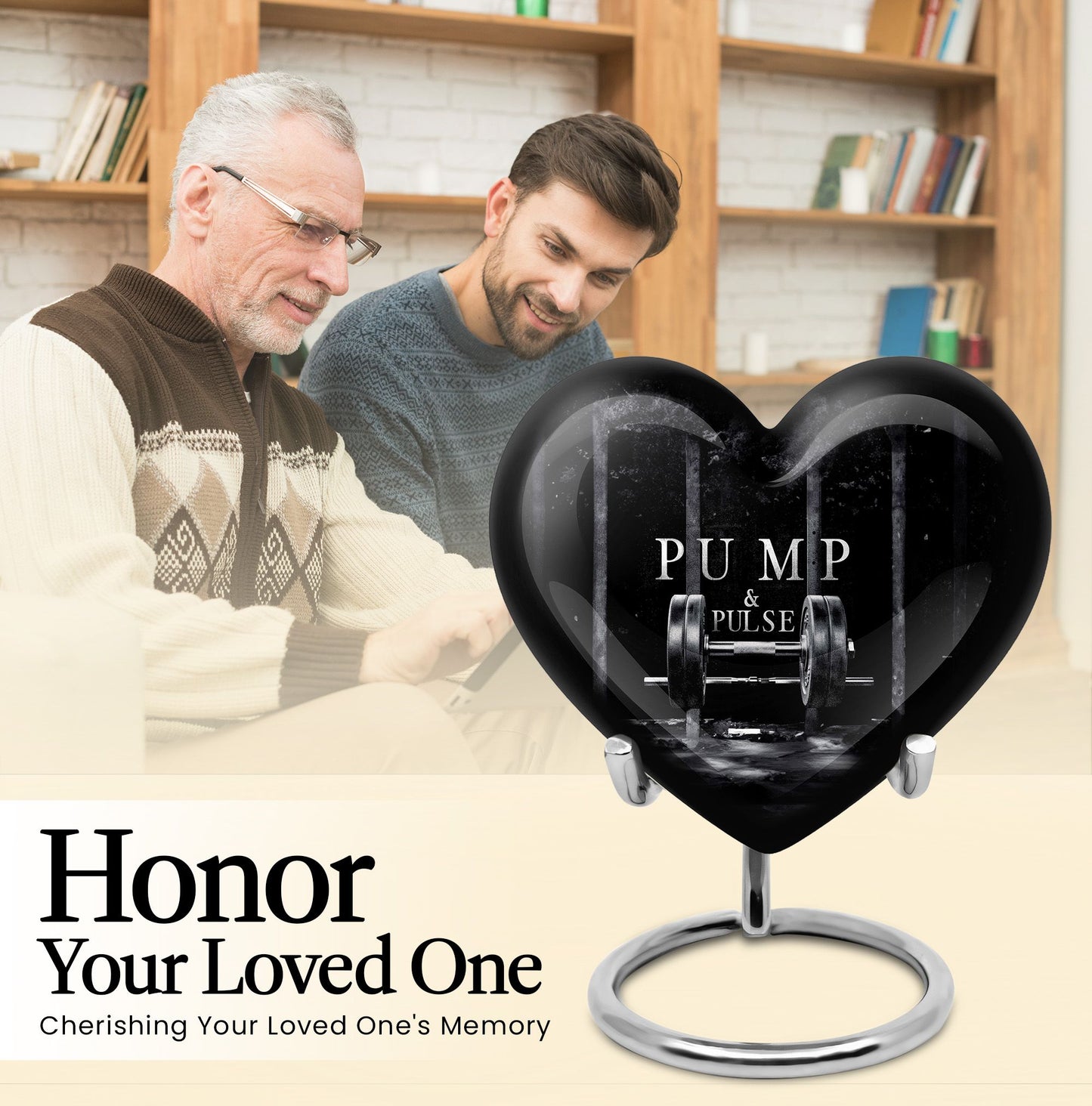 10-inch heart-shaped Dumbles Urn in aluminum for adult cremation, includes velvet pouch