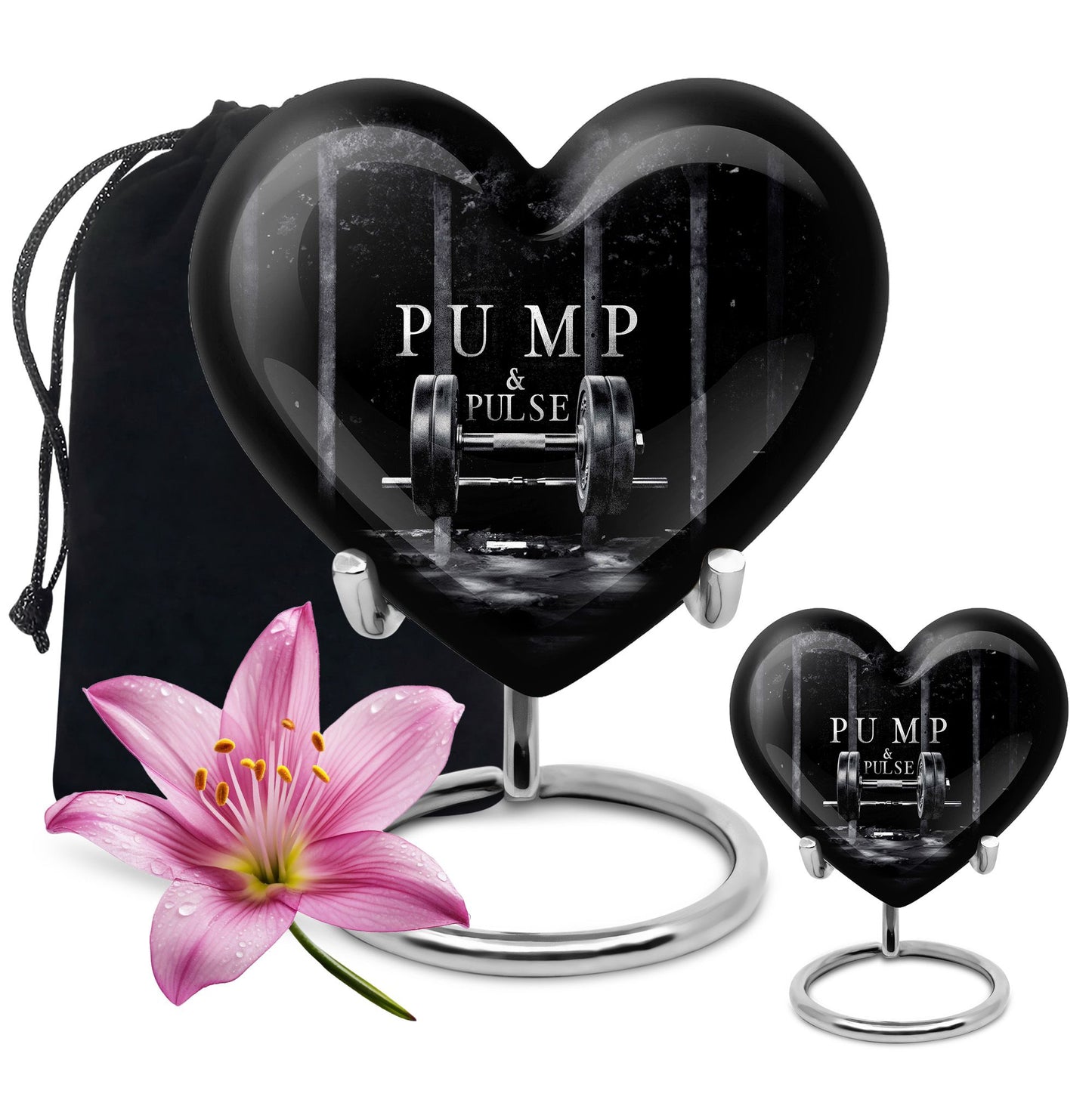10-inch heart-shaped Dumbles Urn in aluminum for adult cremation, includes velvet pouch