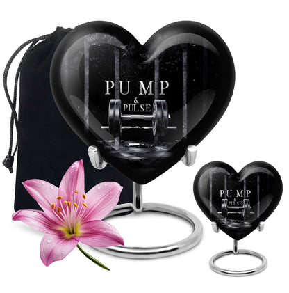10-inch heart-shaped Dumbles Urn in aluminum for adult cremation, includes velvet pouch
