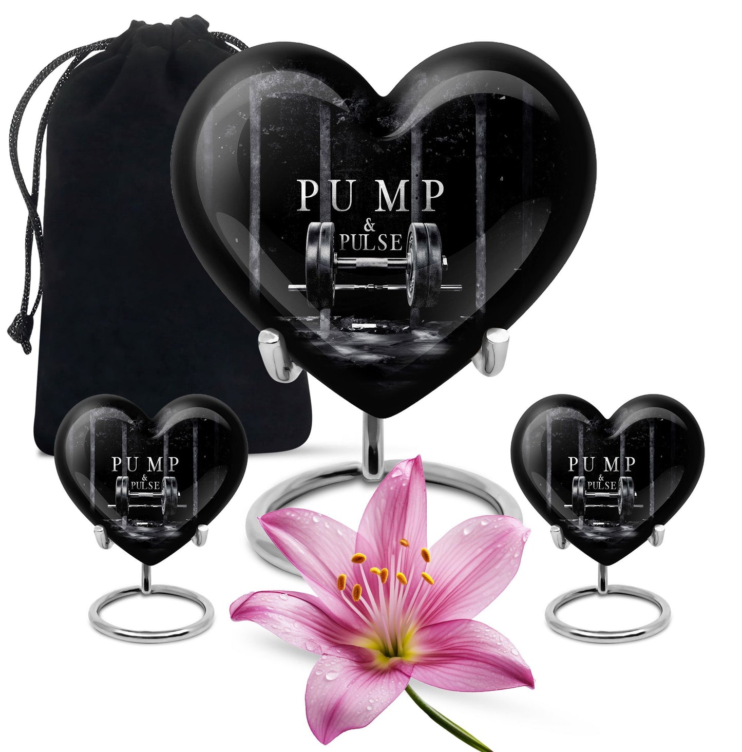 10-inch heart-shaped Dumbles Urn in aluminum for adult cremation, includes velvet pouch