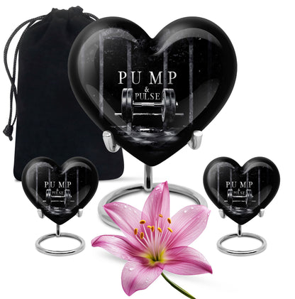 10-inch heart-shaped Dumbles Urn in aluminum for adult cremation, includes velvet pouch
