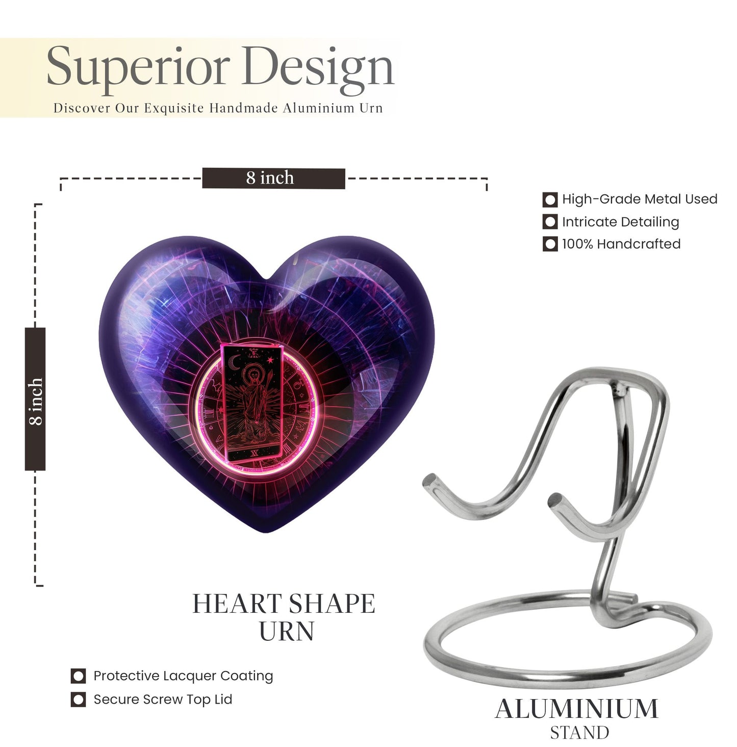 Heart-shaped tarot urn, 10-inch aluminimum 