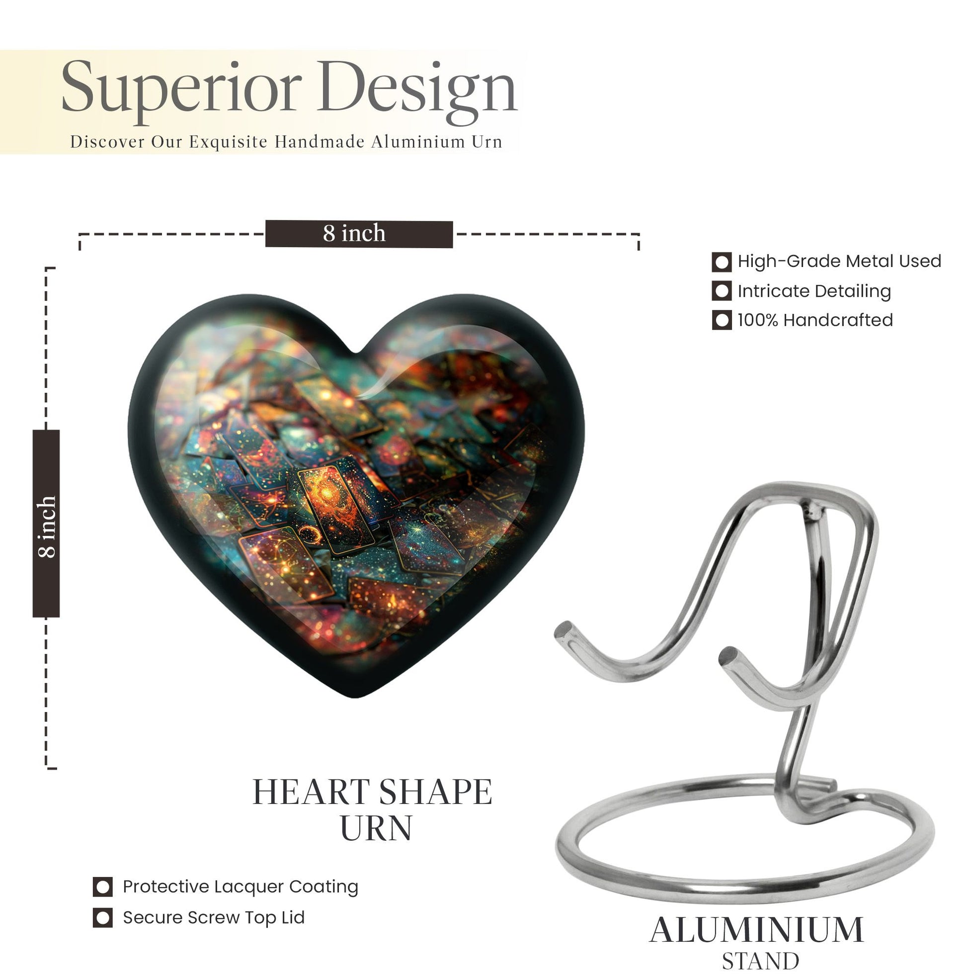 10 Inch Heart Tarot Urn made of Aluminium for adult human ashes