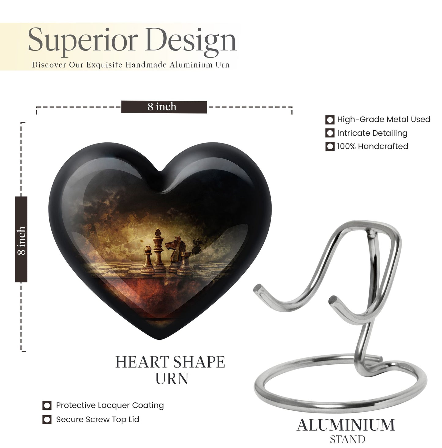 10-inch Heart shaped Chess Urn, 