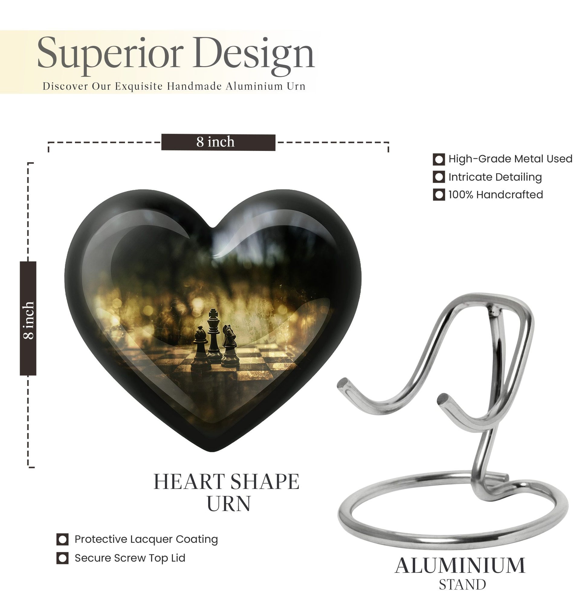 10 inch aluminium heart shaped Chess Urn, 