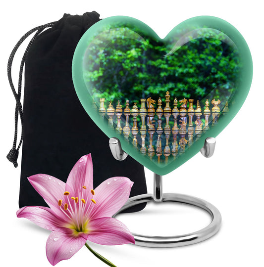 Elegant 10-inch Chess Urn with heart design for memorial ashes, includes velvet pouch