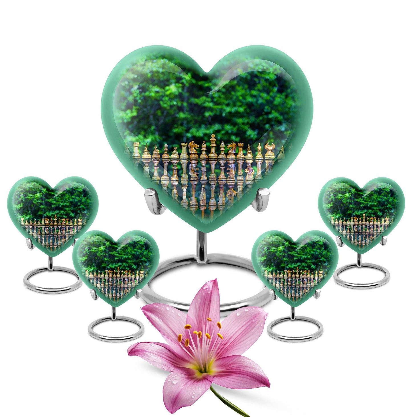Elegant 10-inch Chess Urn with heart design for memorial ashes, includes velvet pouch