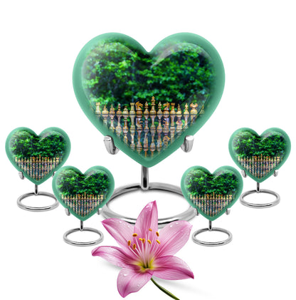 Elegant 10-inch Chess Urn with heart design for memorial ashes, includes velvet pouch