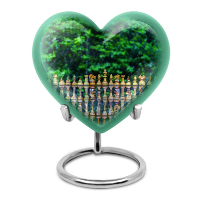 Elegant 10-inch Chess Urn with heart design for memorial ashes, includes velvet pouch