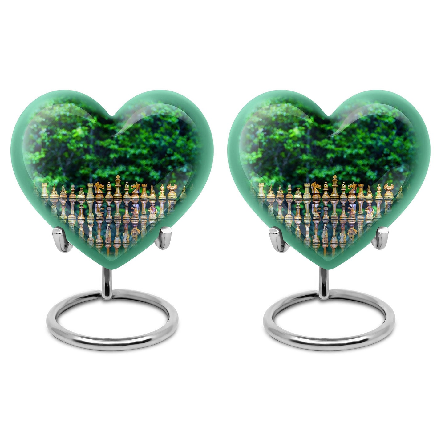 Elegant 10-inch Chess Urn with heart design for memorial ashes, includes velvet pouch