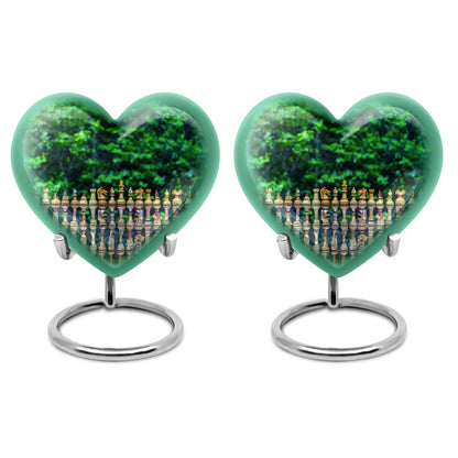 Elegant 10-inch Chess Urn with heart design for memorial ashes, includes velvet pouch