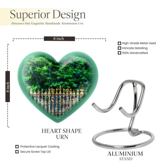 Elegant 10-inch Chess Urn with heart design for memorial ashes, includes velvet pouch