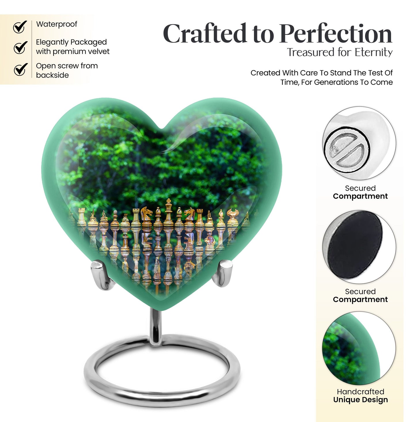 Elegant 10-inch Chess Urn with heart design for memorial ashes, includes velvet pouch