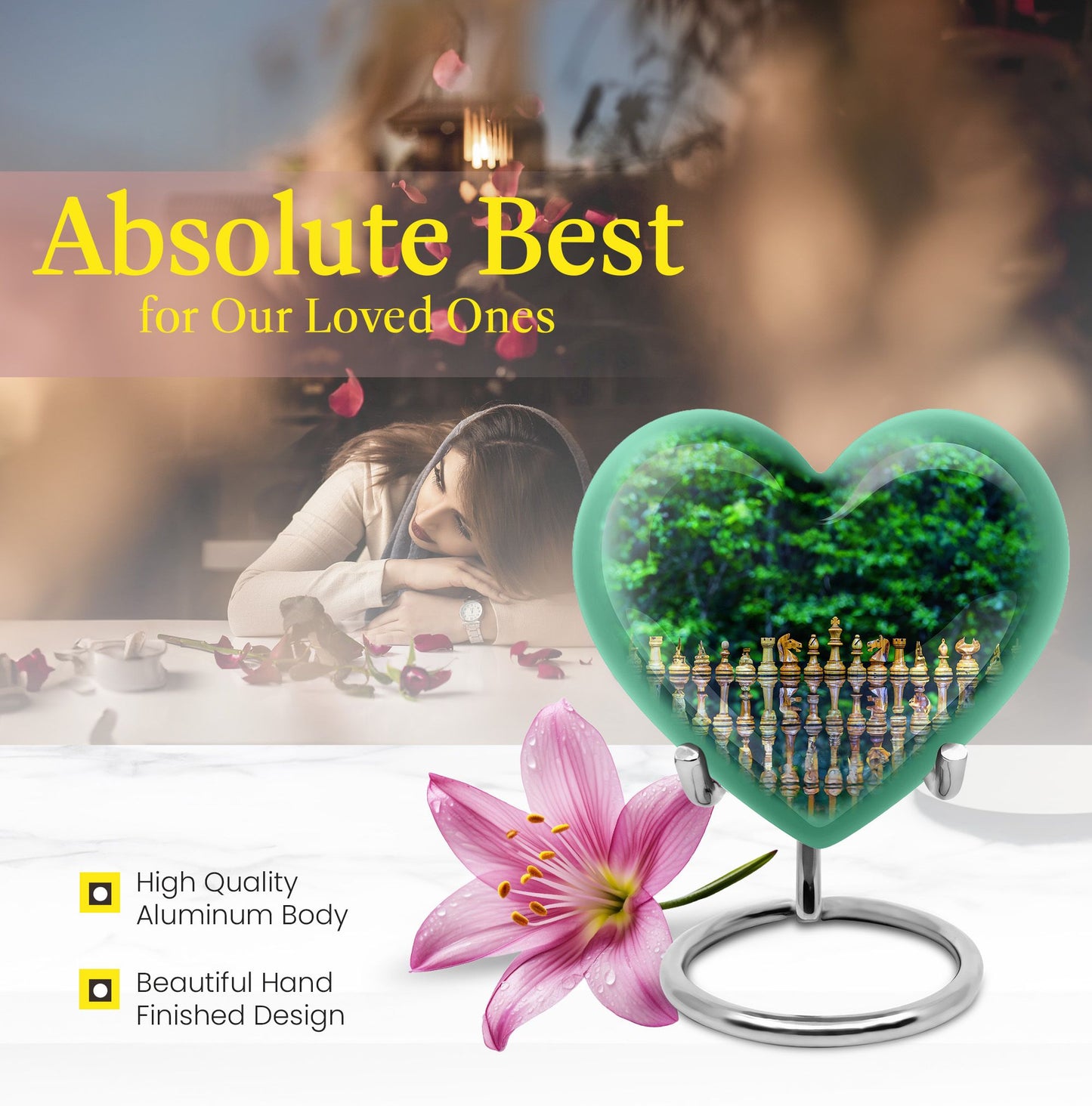 Elegant 10-inch Chess Urn with heart design for memorial ashes, includes velvet pouch