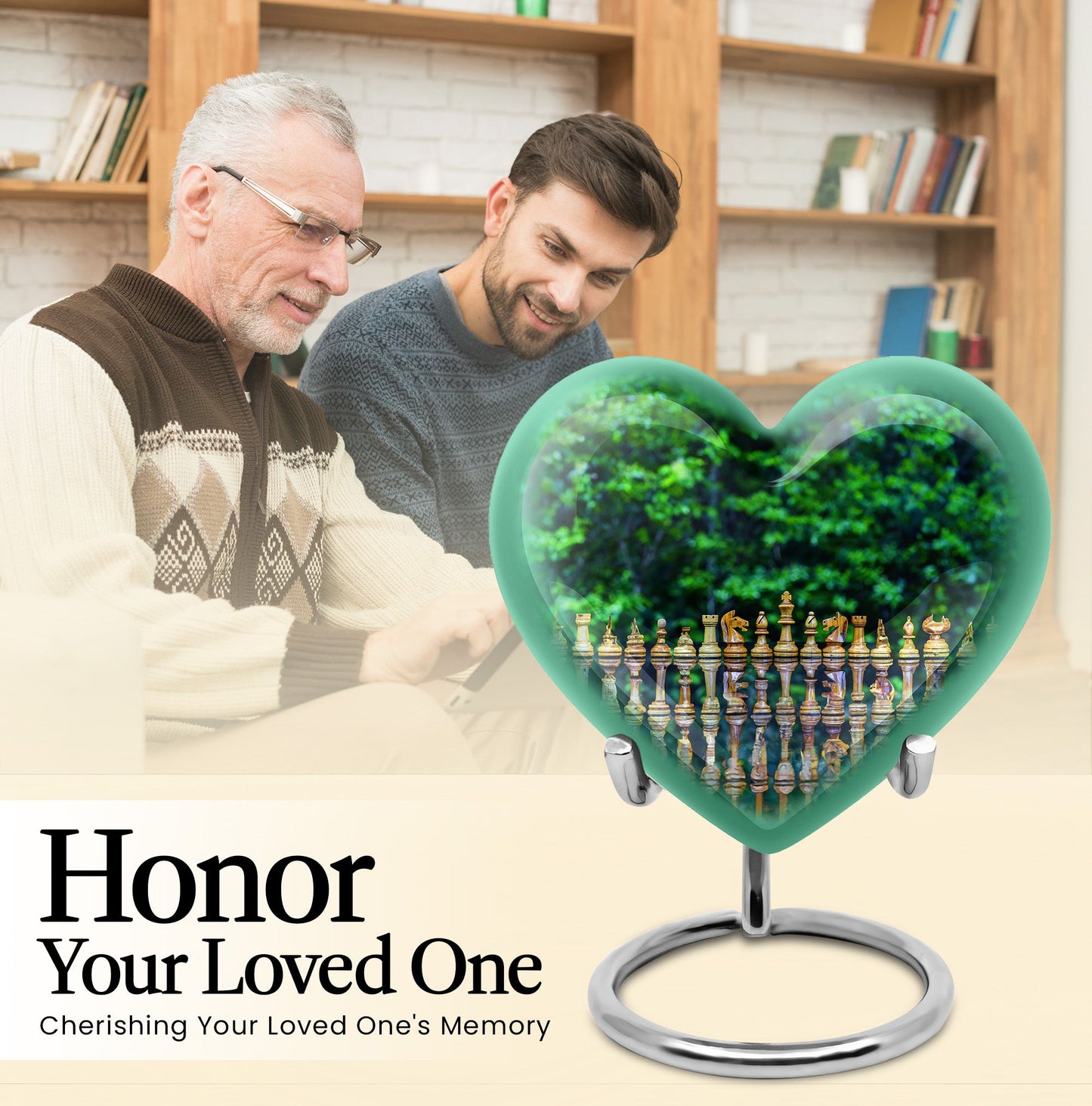 Elegant 10-inch Chess Urn with heart design for memorial ashes, includes velvet pouch