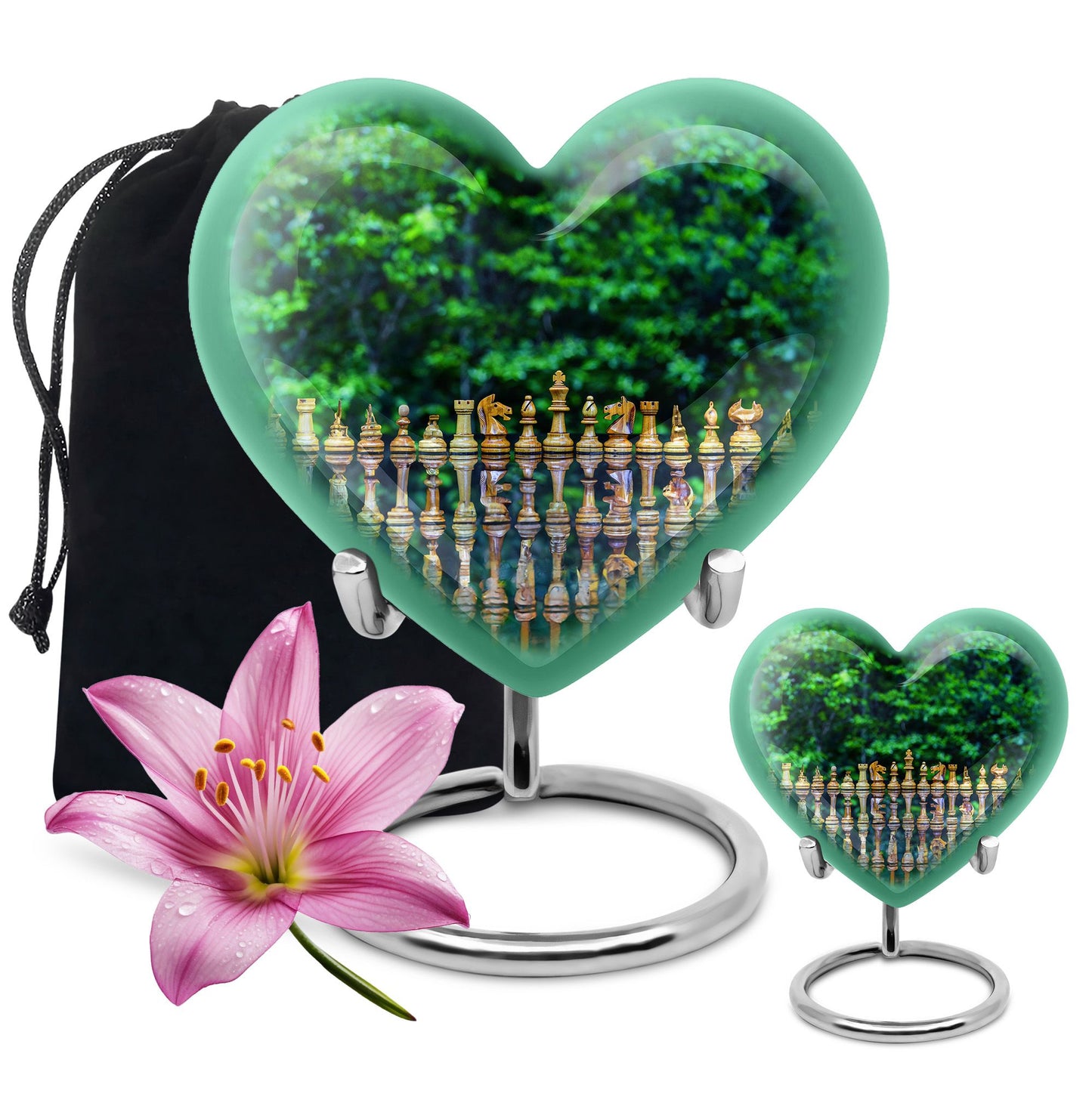 Elegant 10-inch Chess Urn with heart design for memorial ashes, includes velvet pouch