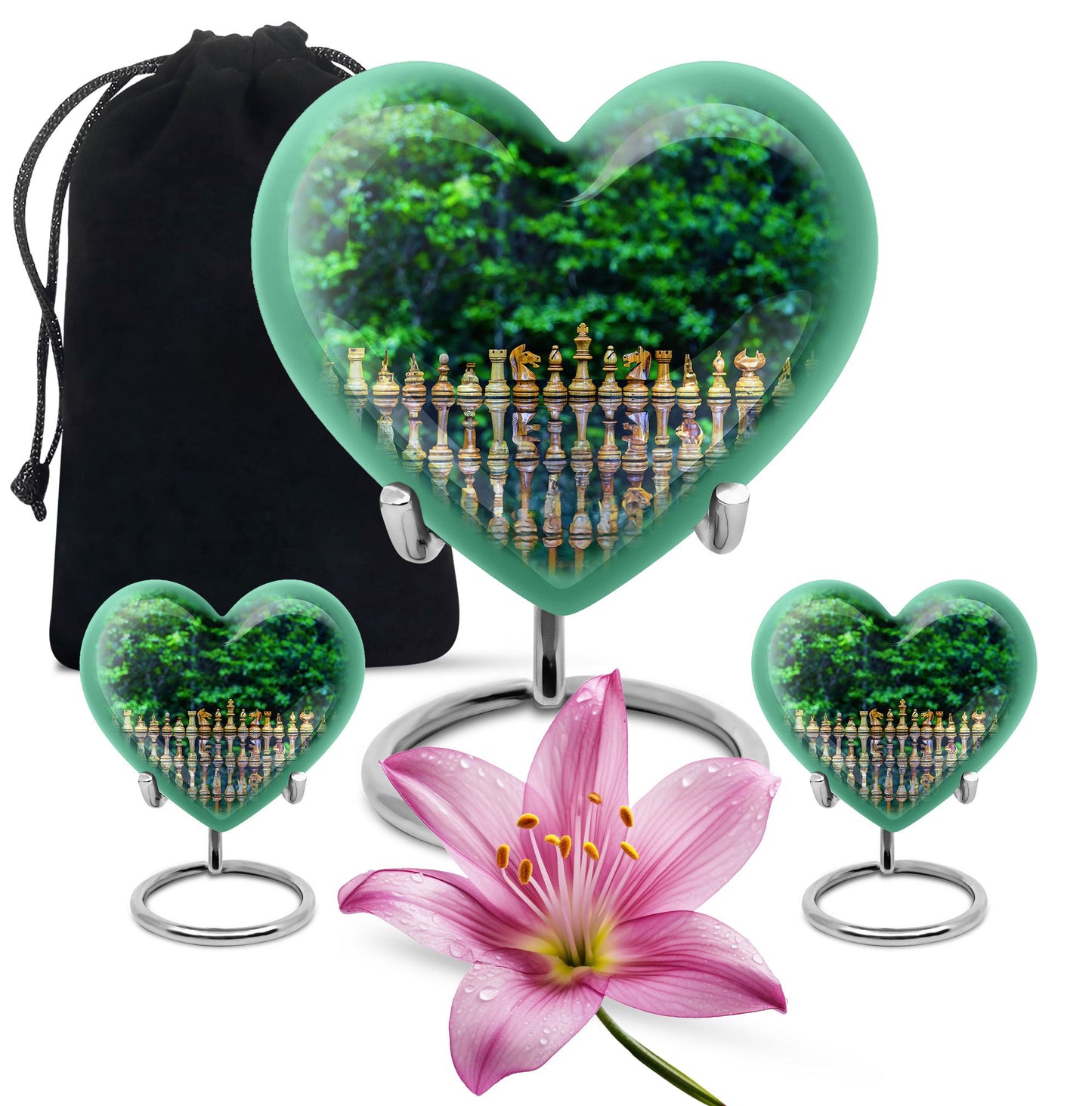 Elegant 10-inch Chess Urn with heart design for memorial ashes, includes velvet pouch