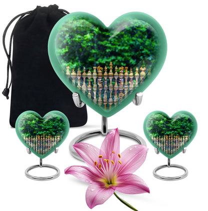 Elegant 10-inch Chess Urn with heart design for memorial ashes, includes velvet pouch