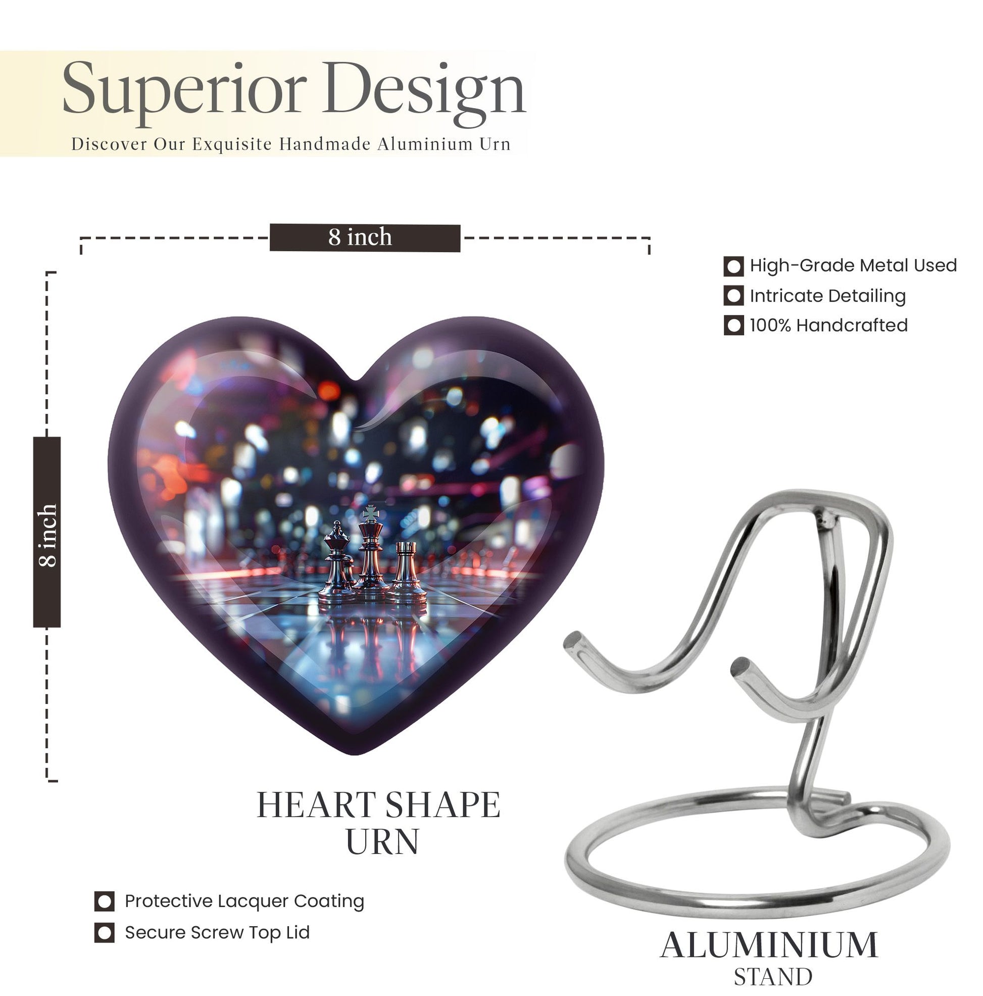 10-inch heart-shaped aluminium chess urn, 200 cubic inches capacity, ideal for memorial ashes