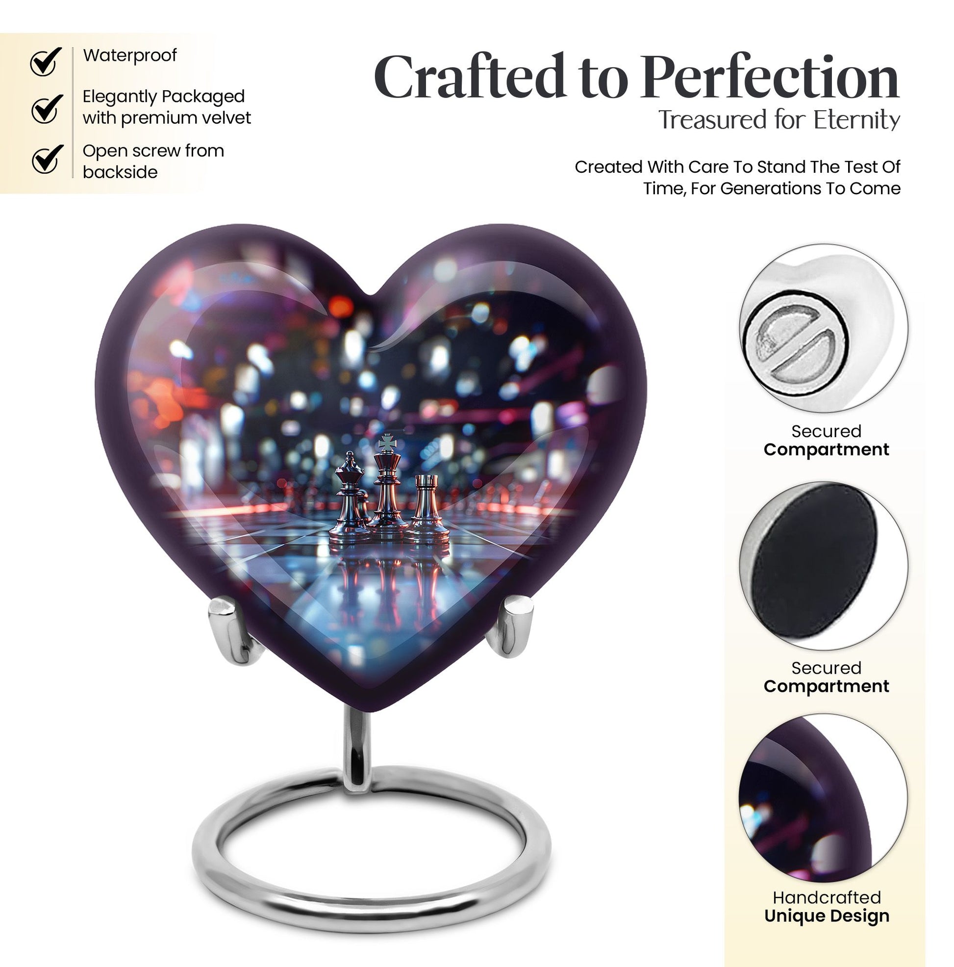 10-inch heart-shaped aluminium chess urn, 200 cubic inches capacity, ideal for memorial ashes
