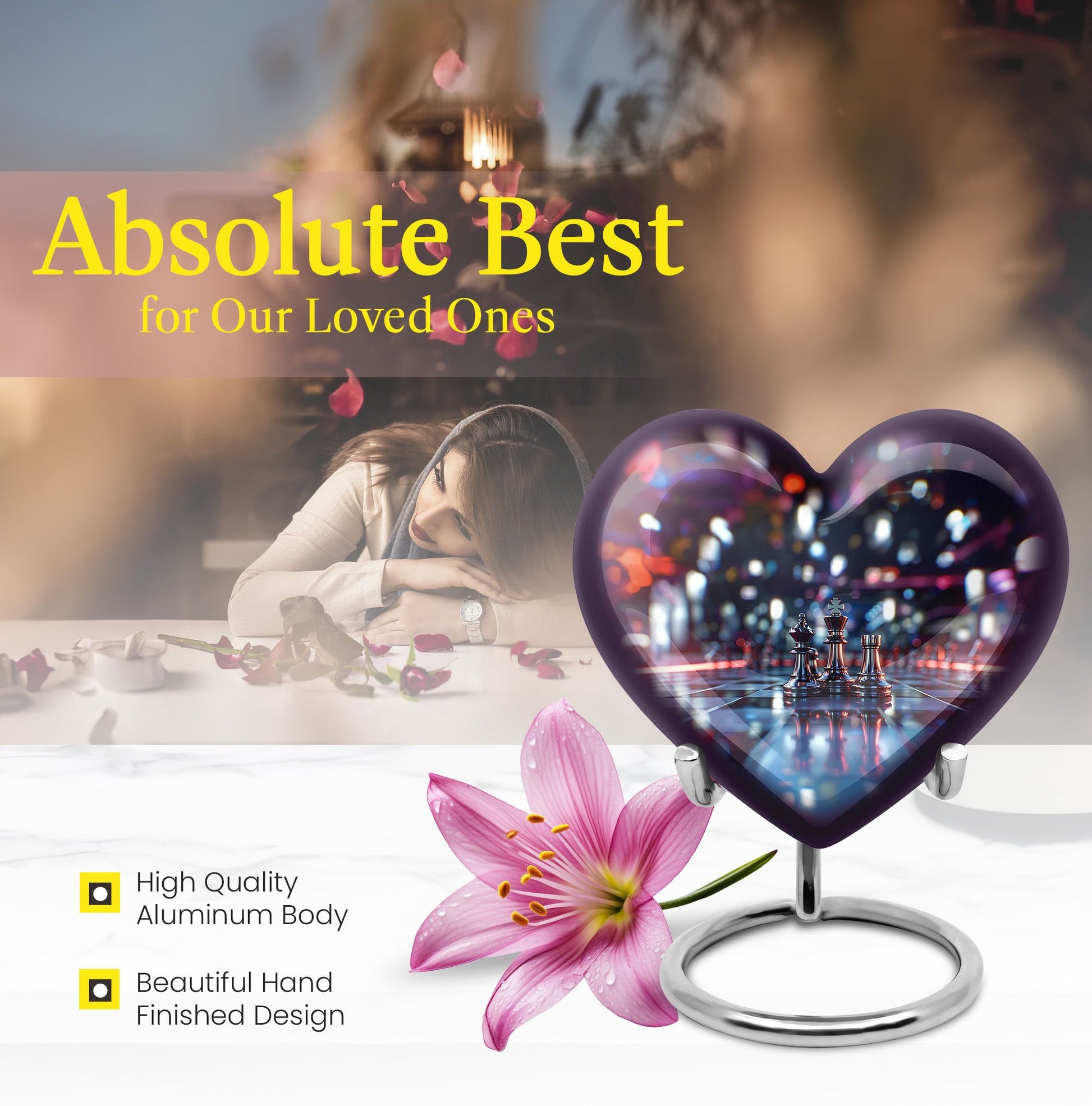 10-inch heart-shaped aluminium chess urn, 200 cubic inches capacity, ideal for memorial ashes
