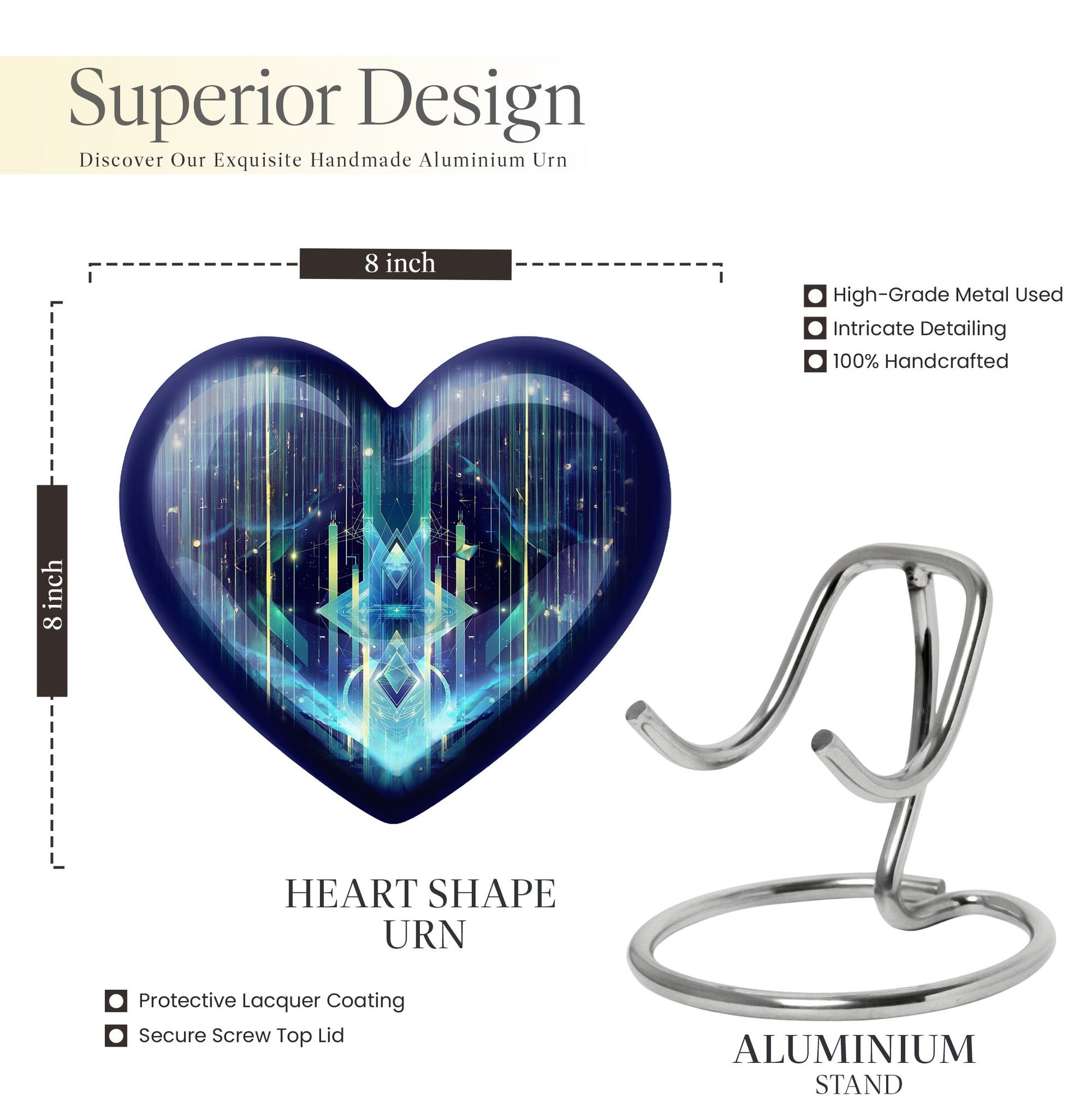 10-inch Zodiac Heart Cremation Urn, large and abstract design made of aluminium, personalizable