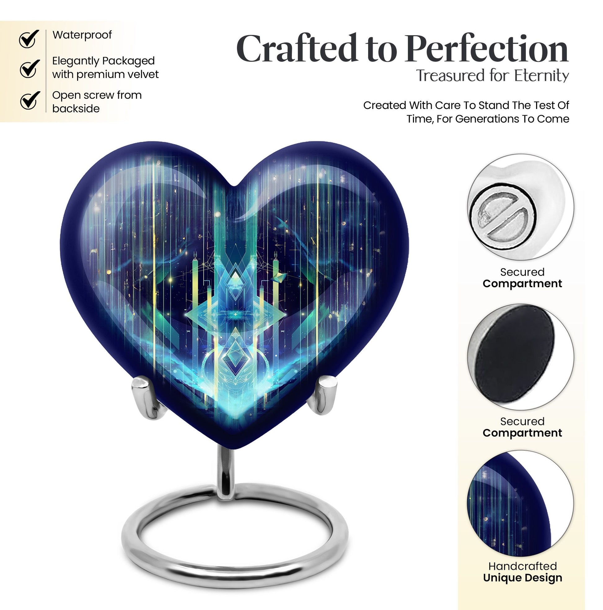 10-inch Zodiac Heart Cremation Urn, large and abstract design made of aluminium, personalizable
