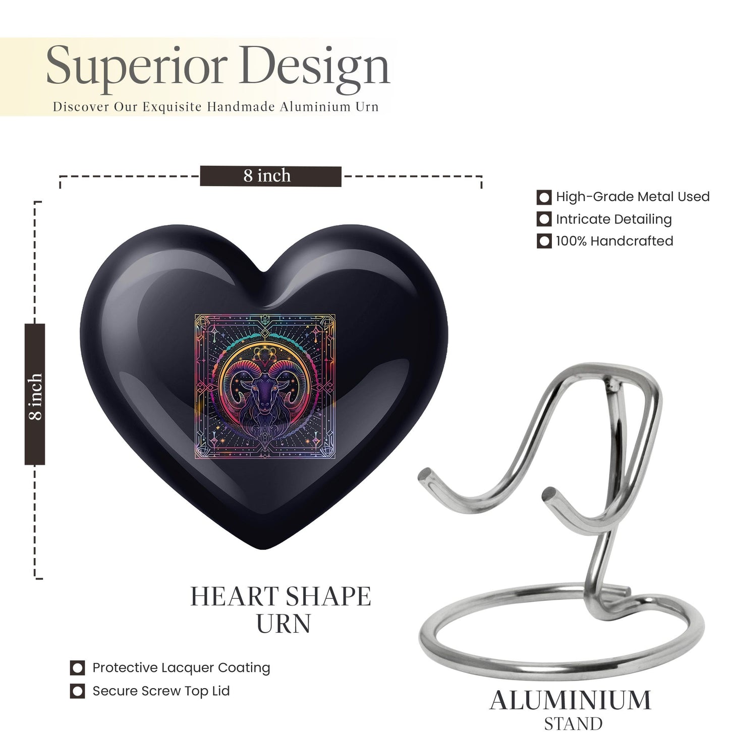 10-inch aluminum heart shaped zodiac urn 