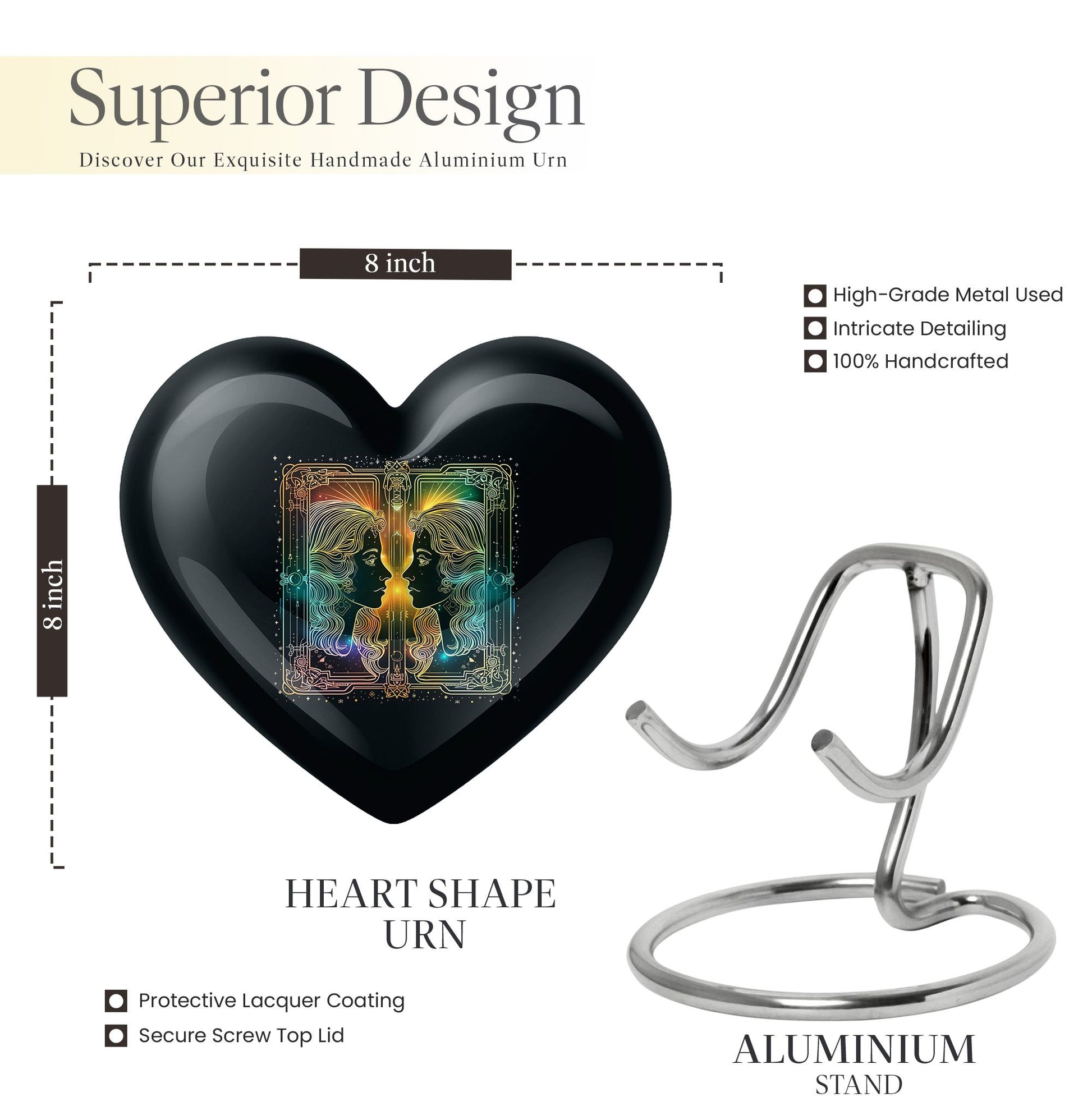 10-inch zodiac heart-shaped urn, ideal for cremation ashes with engraving option