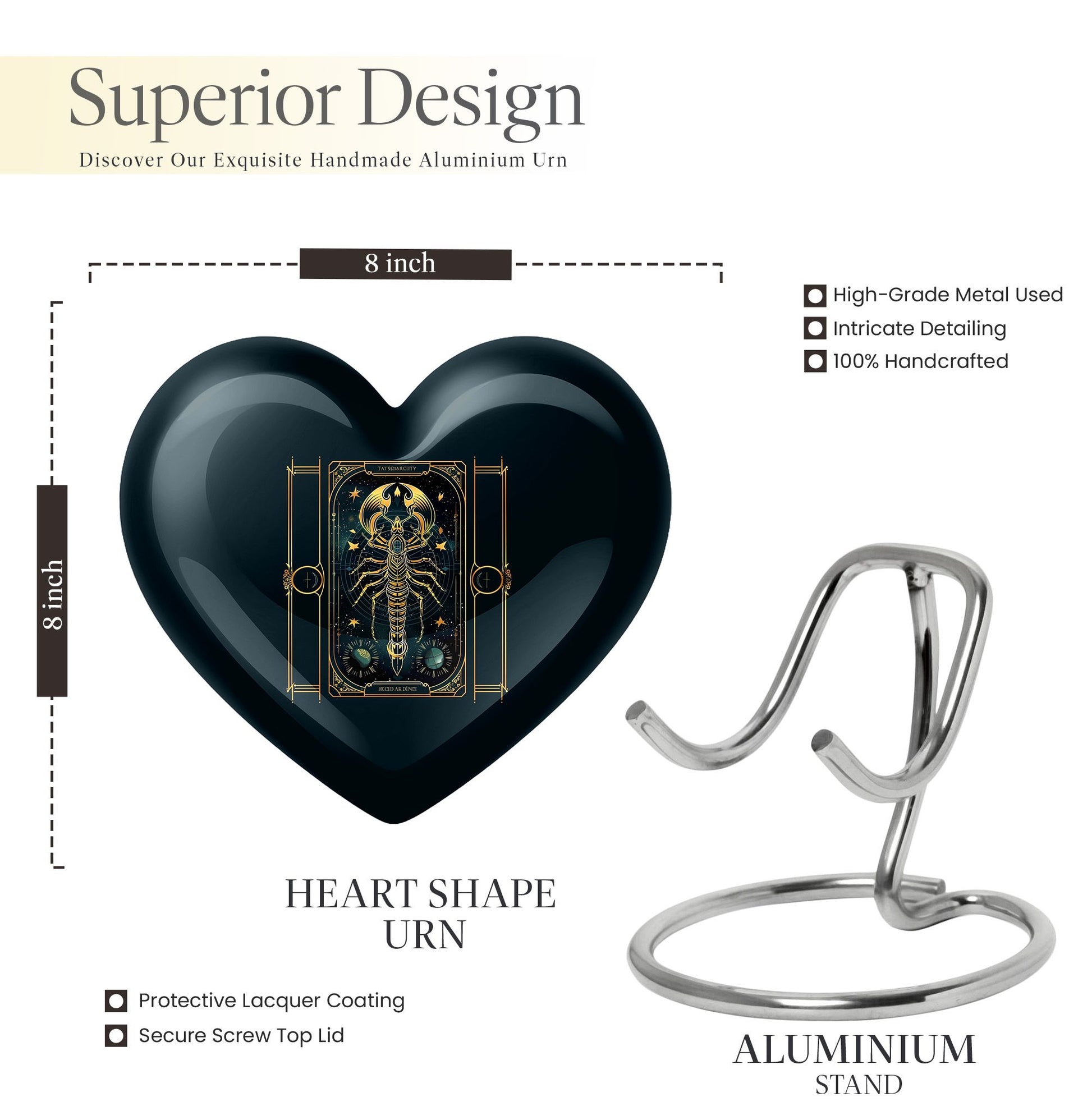 10 inch heart-shaped Aluminium zodiac urn used for female adult ashes, customizable with engraved names