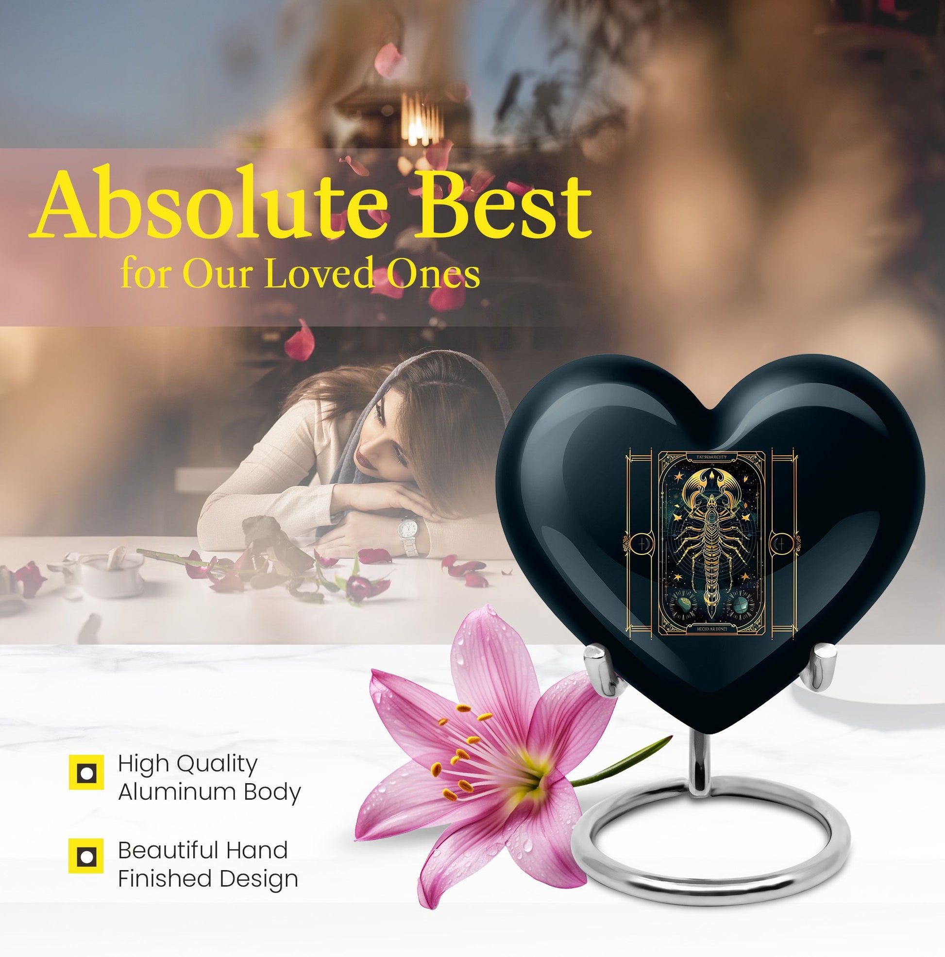 10 inch heart-shaped Aluminium zodiac urn used for female adult ashes, customizable with engraved names
