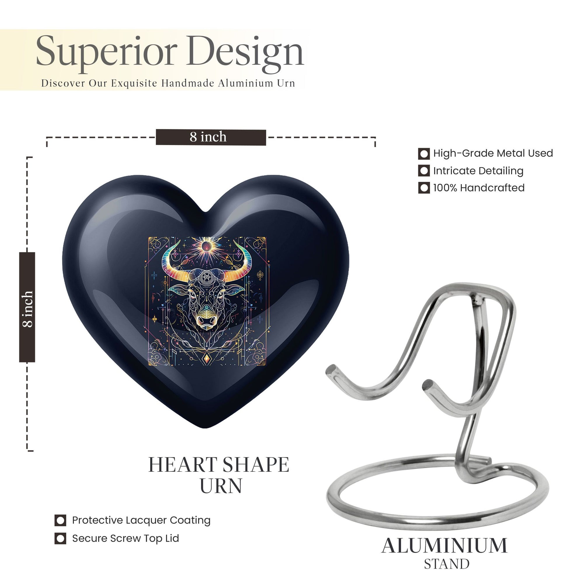 10-inch Zodiac Heart urn in aluminium for adult male ashes, 