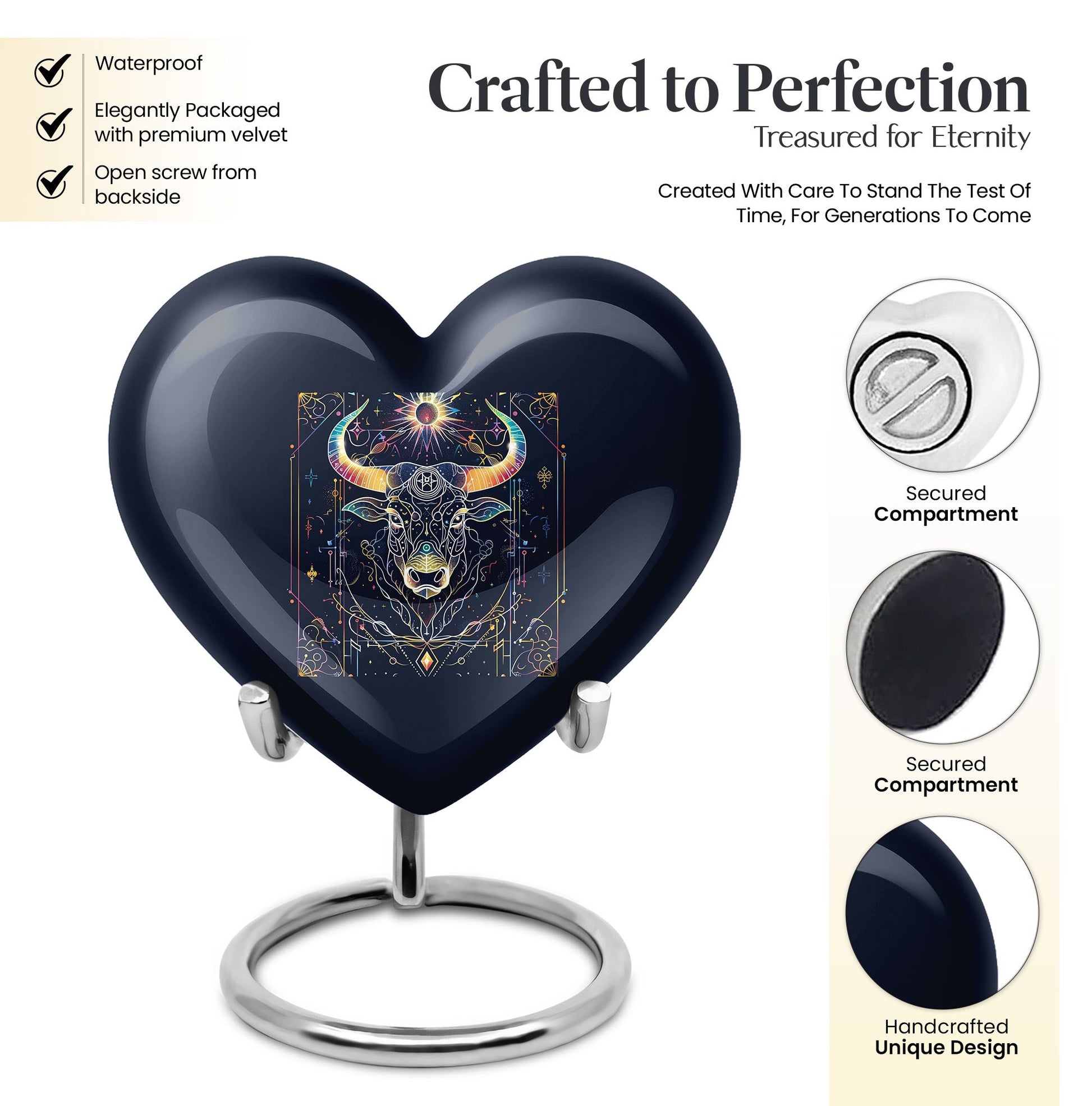 10-inch Zodiac Heart urn in aluminium for adult male ashes, 