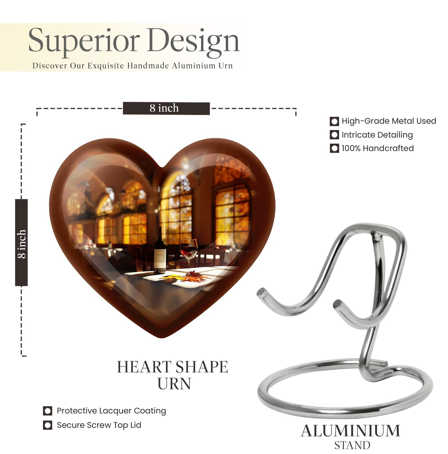 10-inch heart design wine urn, an abstract theme memorial adult urn in aluminium