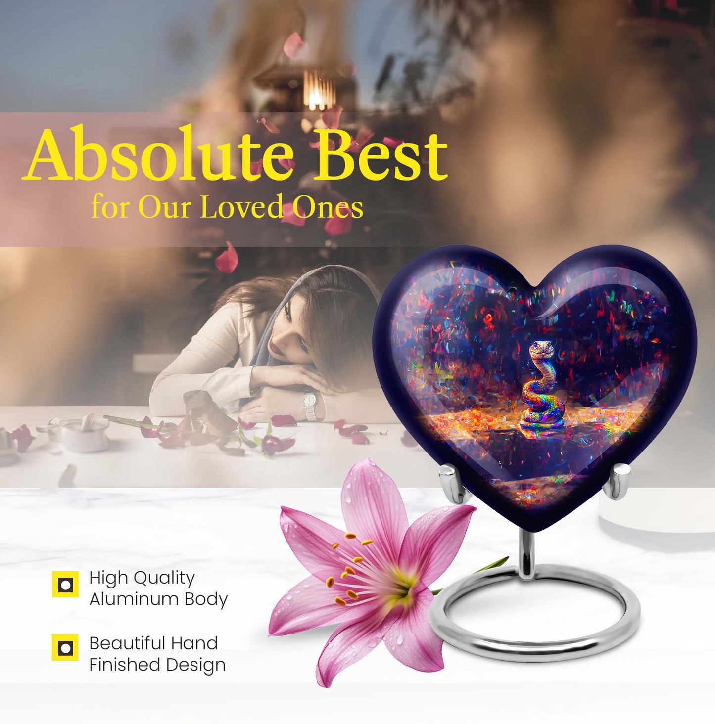 10-inch aluminium heart-shaped snake urn for human ashes with engraving option