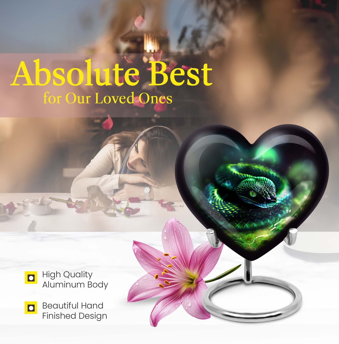 Heart-shaped snake urn for ashes